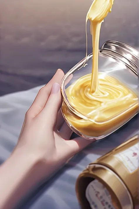 ((Лучшее качество)), ((шедевр)), (подробный), a naked girl lying on the bed pouring condensed milk from a jar into her open vagina. close-up