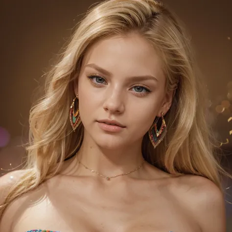 Create super high resolution 3d image of a blonde Bella. 24 years old. Long blonde hair. Wears an earrings, necklece. Hyper realistic. Ultra detailed. Sharp focus. The image is rendered in animated art style, ensuring a visually stunning presentation in 8K...