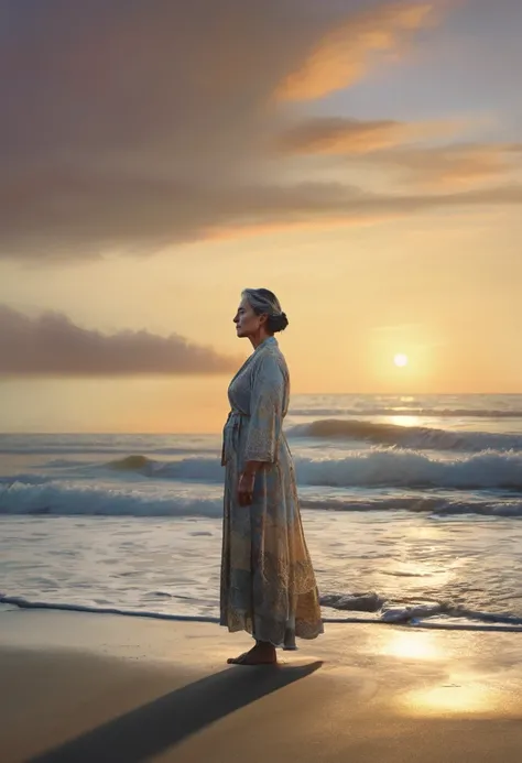 A middle-aged woman, her features etched with wisdom and contemplation, stands on a beach at sunset. Tears glisten in her eyes as the sea reflects the fading light of the day, creating a cinematic and ultra-realistic scene. The image captures the womans fu...