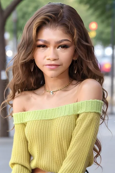 Zendaya, sharp eyes, Looking directly at, very happy,long hair, Wear an off-the-shoulder sweater, collar, closeup portrait, In an outdoor cafe in 2015, afternoon light, 