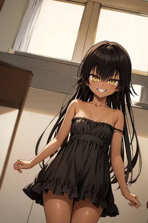 masterpiece, best quality, highres, aanemesis, long hair, black hair, dark skin, tan, bare shoulders, black dress, , smirk, grin, indoors,6yo,nsfw