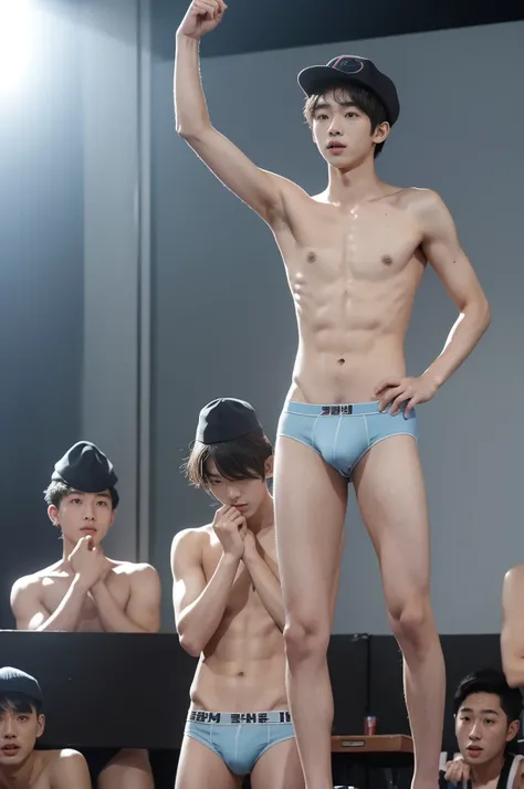 2 guys ,cute face ,Korean teens guy, skinny slim like younger , body dirty with charcoal,shirtless wearing  soldiers hat,light blue underwear, standing at podium on stage , multiple  soldiers in warm meeting room , sunlight 