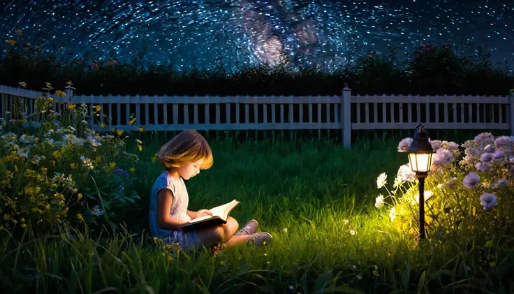 boy reading a book next to her lamp behind a fence in a flower field by the starry night