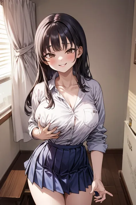 huge breasts,6yo,masterpiece, best quality, highres, aaanna, long hair, brown eyes, collarbone, collared shirt, white shirt, sleeves rolled up, pleated skirt, blue skirt, miniskirt,, smile, my room,(((Grabbing breasts)))