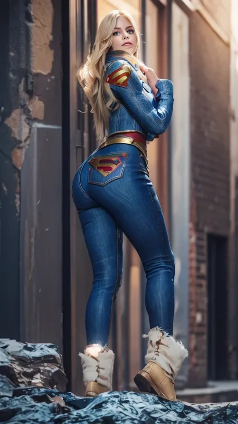 the character supergirl, perfect costume, denim style, extremely beautiful blue eyes, perfect blond hair, smooth curves, perfect...