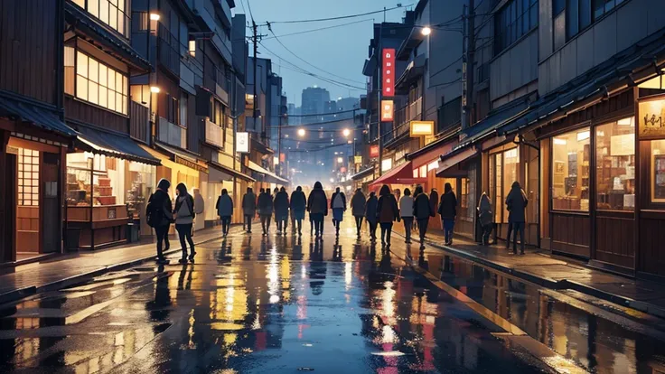 la acera en un distrito comercial, en japon, lluvioso, de noche, con gente caminando, Hyperrealism, glowing light, ray tracing, backlighting, god rays, reflection light, Fujicolor, Canon, Fujifilm, Nikon, Wide-Angle, panorama, highres, best quality, award ...