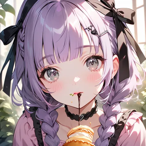 a masterpiece, beautiful eyes, a beautiful face, kawaii, light atmosphere, (Cute a girl:1.5), (a girl with closs hair pin,pale purple hair,wavy two braids,blunt bangs hair,green and black eyes,
pink shirt,cosplay, jirai kei, bangs, black bow, looking at vi...