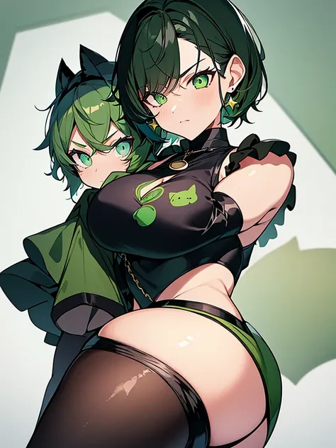 1woman, short green hair, dark green beret, perfect eyes, green eyes, serious face, black earrings, green necklace, e-girl clothing, green top with black cat print, black jacket, black fingerless gloves, blue shorts, long black stockings, green shoes, gree...