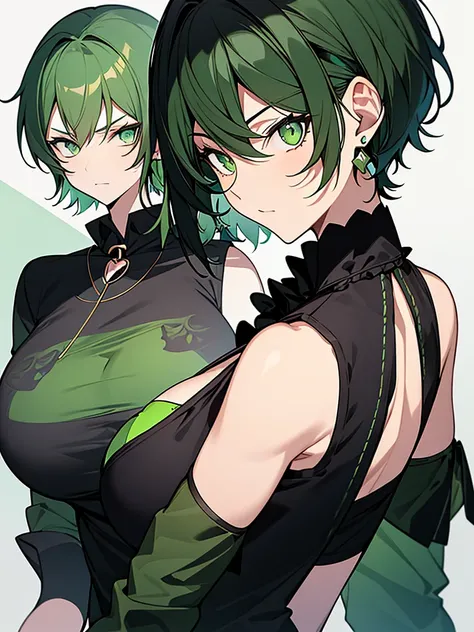 1woman, short green hair, dark green beret, perfect eyes, green eyes, serious face, black earrings, green necklace, e-girl clothing, green top with black cat print, black jacket, black fingerless gloves, blue shorts, long black stockings, green shoes, gree...