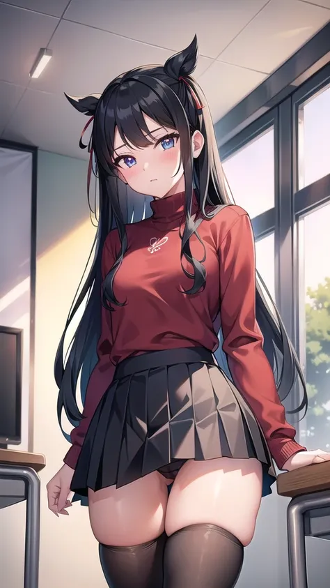 rintohsaka, rin tohsaka kyockcho, aqua eyes, (black hair:1.5), hair ribbon, long hair, ribbon, sidelocks, two side up, (parted bangs:1.5),
BREAK black skirt, black thighhighs, long sleeves, miniskirt, pleated skirt, (red sweater:1.5), skirt, sweater, thigh...