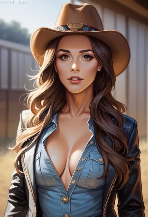 arafed woman in a cowboy hat and leather jacket posing for a picture, cowgirl, western cowgirl, female cowgirl, cow-girl, brunette, gorgeous female jade tailor, beautiful mexican woman, jaw dropping beauty, gorgeous beautiful woman, beautiful female model,...