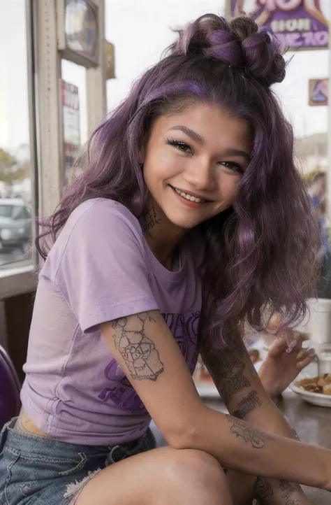 street photography photo of a young zendaya with purple hair, smile, happy, cute t-shirt, tattoos on her arms, sitting in a 50s ...