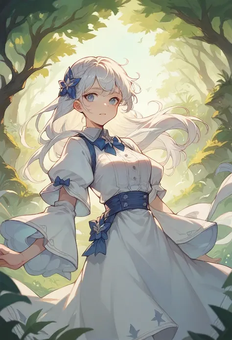 Woman dressed in white shining with sunny forest landscape