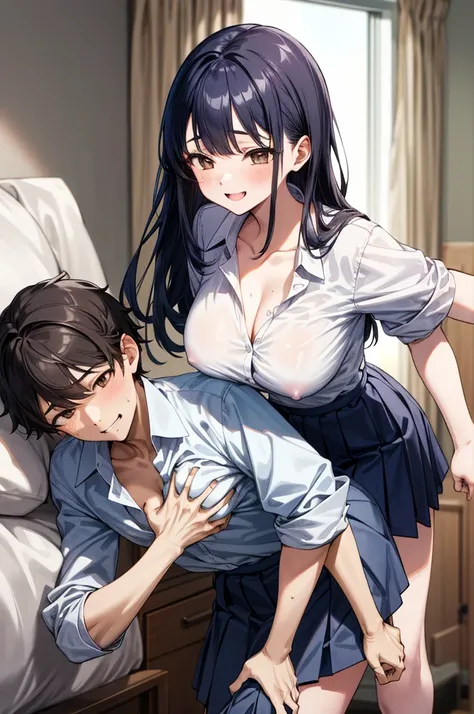 huge breasts,6yo,masterpiece, best quality, highres, aaanna, long hair, brown eyes, collarbone, collared shirt, white shirt, sleeves rolled up, pleated skirt, blue skirt, miniskirt,, smile, my room,(((Grabbing breasts,sex with guys)))