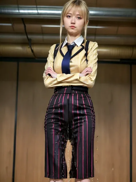 (masutepiece,High quality,16k:1.1),(depth of fields:1.3) ,((front body:1.35)), Ukrainian ,Woman, blonde,makeup,((business suit, black vertical striped pencil skirt )), ,(arms crossed:1.5) (wetting herself:1.5), (desperation:1.75),standing ,necktie peeing s...