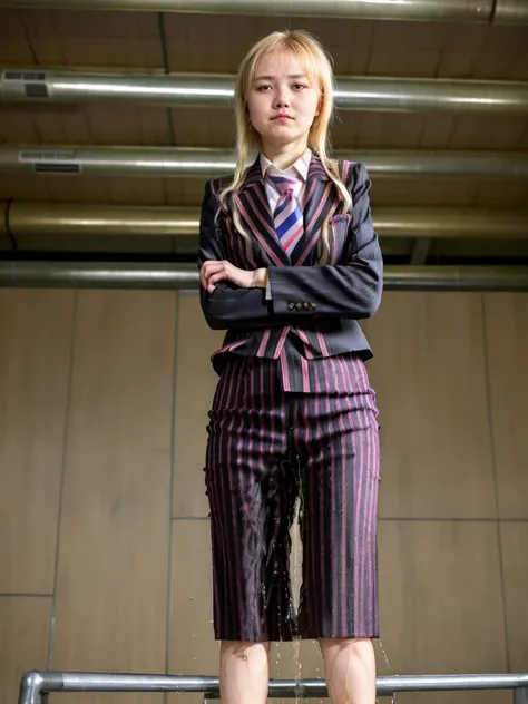 (masutepiece,High quality,16k:1.1),(depth of fields:1.3) ,((front body:1.35)), Ukrainian ,Woman, blonde,makeup,((business suit, black vertical striped pencil skirt )), ,(arms crossed:1.5) (wetting herself:1.5), (desperation:1.75),standing ,necktie peeing s...