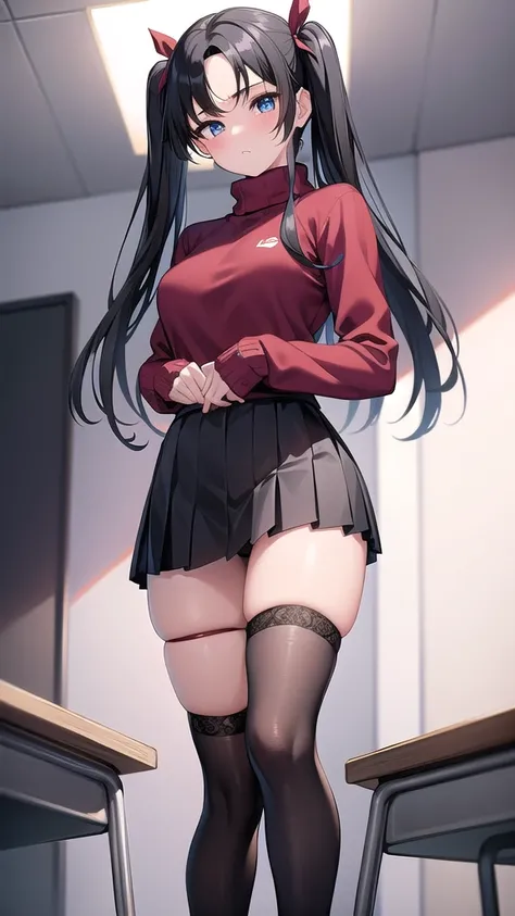 rintohsaka, rin tohsaka kyockcho, aqua eyes, (black hair:1.5), hair ribbon, long hair, ribbon, sidelocks, two side up, (parted bangs:1.5),
BREAK black skirt, black thighhighs, long sleeves, miniskirt, pleated skirt, (red sweater:1.5), skirt, sweater, thigh...