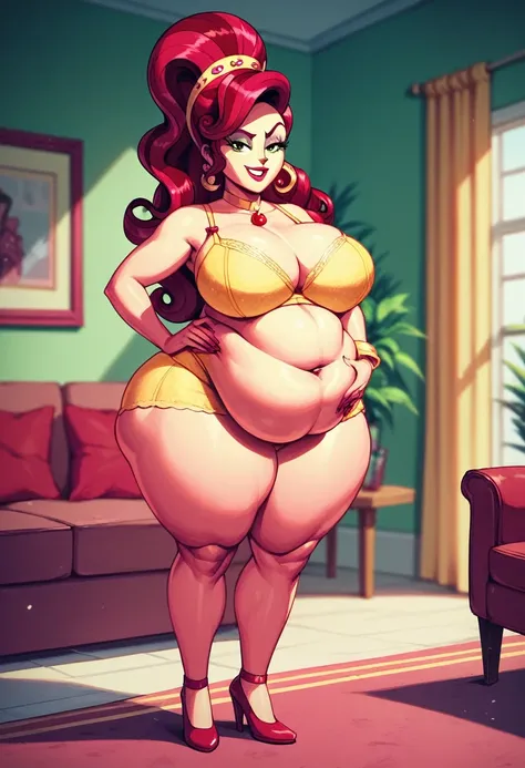 Cherry Jubilee, wearing sexy yellow bra and yellow panties, smug grin, massive fat belly, Cherry Jubilee Equestria Girls, full body, Standing, in the living room, Cherry Jubilee, cuerpo completo, high resolusion