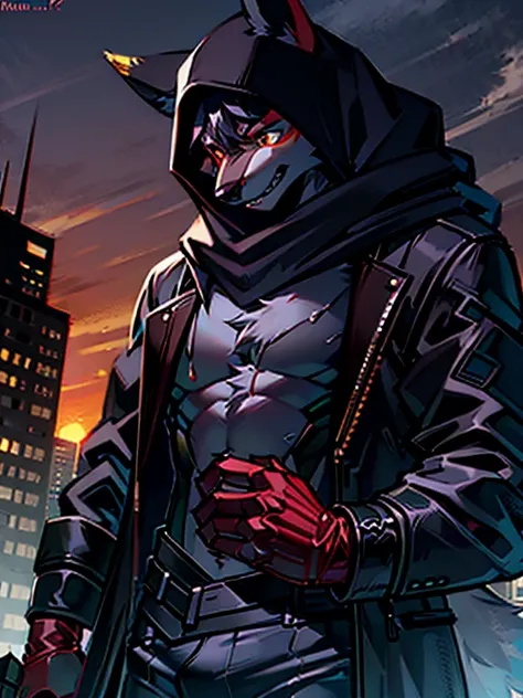 Black-haired male wolf orc，Wearing a black long coat of the same color as the fur，With black hood，Black ears not covered by the hood，Relatively lighter hair color，Messy hair，Eyes are red，Wearing red gloves on the bottom and black gloves on the top，Looking ...