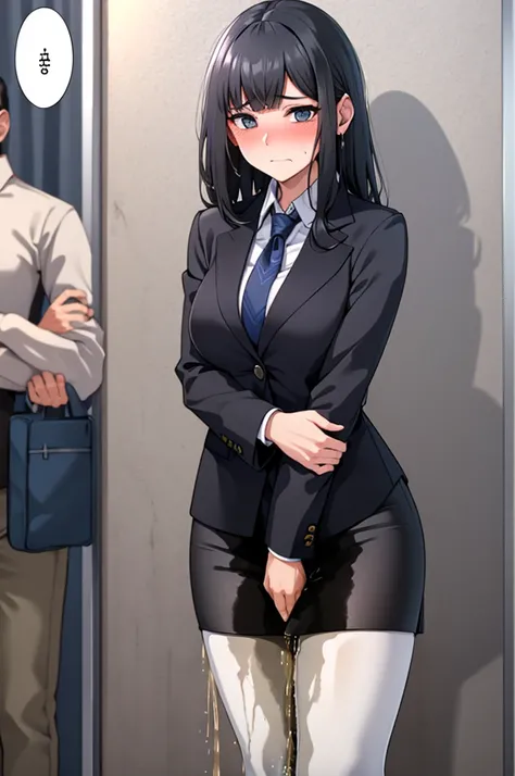 A woman with very long black hair and (very long bangs:1.5), wearing a business suit and pencil skirt with pantyhose, standing. The artwork is inspired by manga and incorporates a doujin style. The woman appears to be (wetting herself:1.5), which causes he...