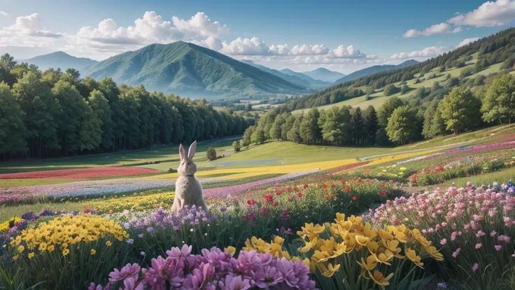 landscape with colorful flowers and rabbit