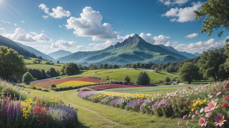 landscape with colorful flowers and rabbit