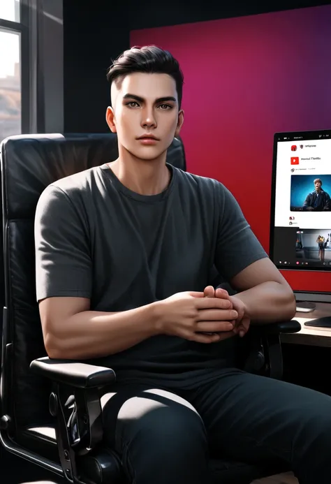 Young man in chair sitting 8k ultra realistic and changing background with YouTube Studio