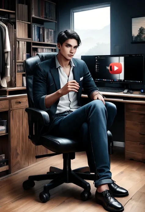 Young man in chair sitting 8k ultra realistic and changing background with YouTube Studio