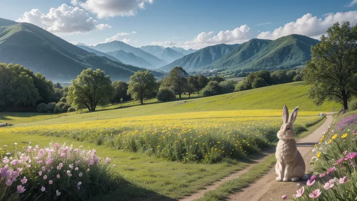 landscape with flowers and rabbit