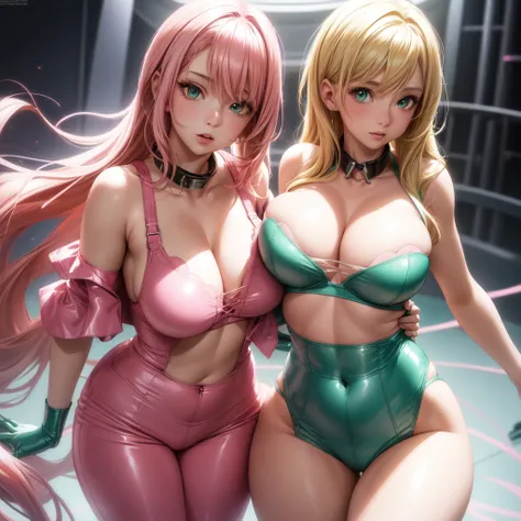 ((2 girls), solo, clevage, Big round breasts, realistic, pink hair, blonde hair, light green eyes, collar bone, looking at camera, side by side, latex bra, face and neck only