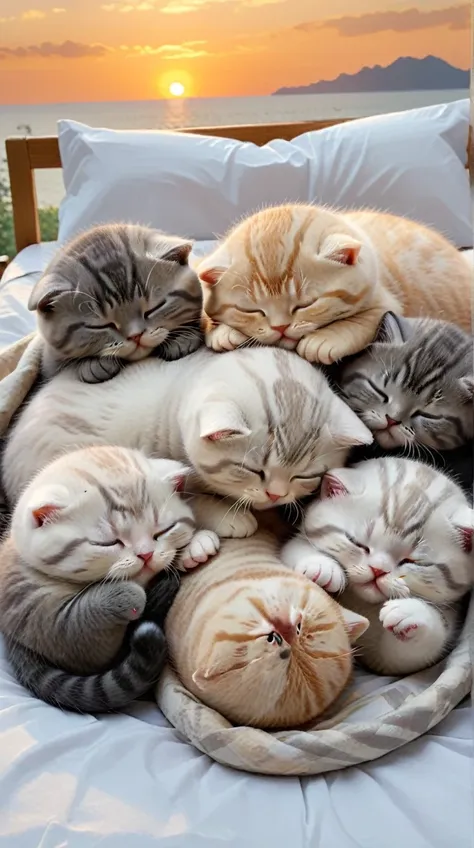 with the sunset in the background,(masterpiece:1.2, high quality), five scottish fold kittens sleeping together in bed、