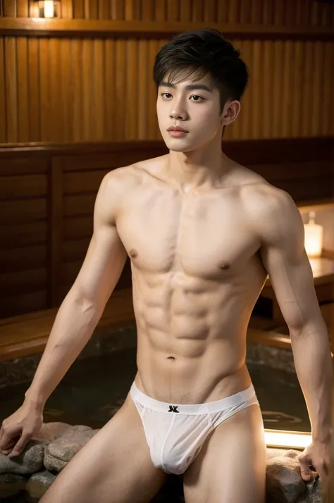 2boys,  asian young man, muscular, twink, normal body, Bang Hair, jockstrap, in the Onsen hot springs