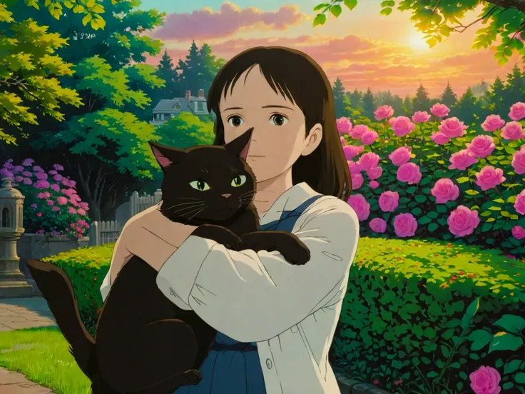 anime girl holding a black cat in a garden with flowers