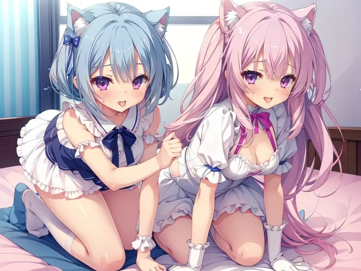 nsfw,Two Girls,On all fours,panties,penis,Blowjob,Long Tongue,Light blue hair,Light pink hairstyles，Cat ear，Pink Eyes，light blue lolita，White socks，,Pink ribbon,Laughing with your mouth open,Best image quality,Highest quality