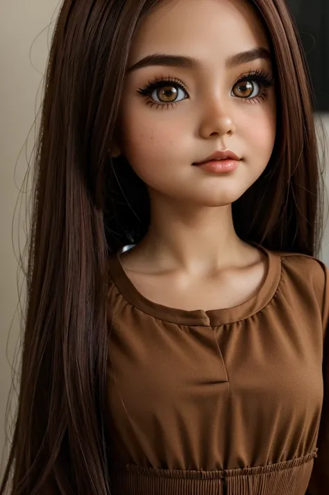 A big-headed doll with big, very dark brown eyes and big eyeliner., medium red brown hair, straight to the chest and a brown blouse, with a mole under the right eye 