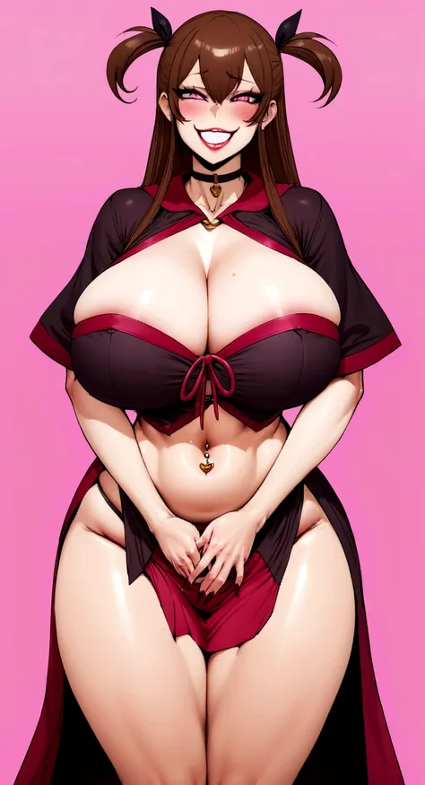 big lips, Brown hair, pink eyes, japanese face, improve, improve grin, two sides up, huge breasts, Wide hips, sexy, detailed, pink room, Hits, (evil smile1.4), kawaii, skirt lewd, lewd, GOOD, lewd costume, lewd shirt,  choker, lewd skirt, lewd shirt,navel ...