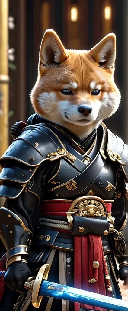 shiba inu samurai,whole body, he has a japanese sword charged with lightning., wearing black armor and hakama haori, japanese te...