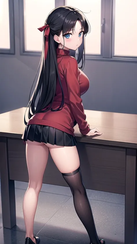 rintohsaka, rin tohsaka kyockcho, aqua eyes, (black hair:1.5), hair ribbon, long hair, ribbon, sidelocks, two side up, (parted bangs:1.5),
BREAK black skirt, black thighhighs, long sleeves, miniskirt, pleated skirt, (red sweater:1.5), skirt, sweater, thigh...