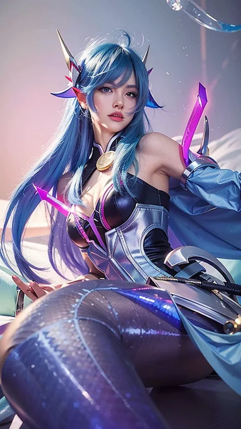 (best quality,ultra-detailed,realistic:1.37),vibrant colors,HDR,studio lighting,sharp focus,close-up,blue-haired woman,weapon,sword,Instagram model,Artgerm,Seraphine,Ahri,KDA,attention to detail,mermaid princess, ((nsfw))