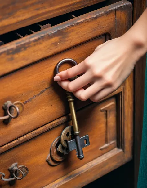 Close-up of a female hand discovering an old, rusty key in a wooden drawer.