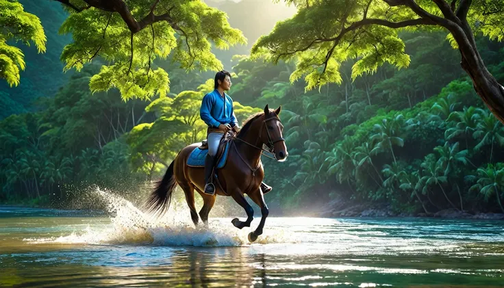 realistic photo of a man is riding a horse in a landscape on the downing sun, river, tropical tree, Miki Asai Macro photography, close-up, hyper detailed, trending on artstation, sharp focus, studio photo, intricate details, highly detailed, by greg rutkow...