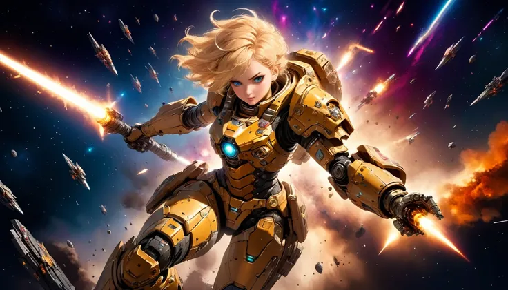 a female mech warrior in battle on a moon in space, full body shot, action shot, a tough and beautiful female mech warrior, short blond hair, dynamic eye color, intent gaze, ultra detailed face, best detailed face, she wears mech armor, and massive sci-fi ...