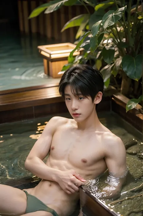 1boy,  asian young man, muscular, twink, normal body, Bang Hair, black thong, in the Onsen hot springs