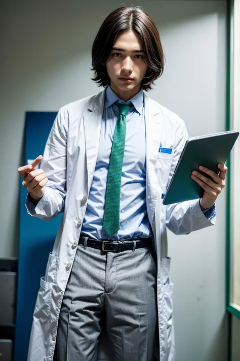 Male doctor holding a tablet looking at the camera, white lab coat with blue button down shirt underneath, green and blue tie