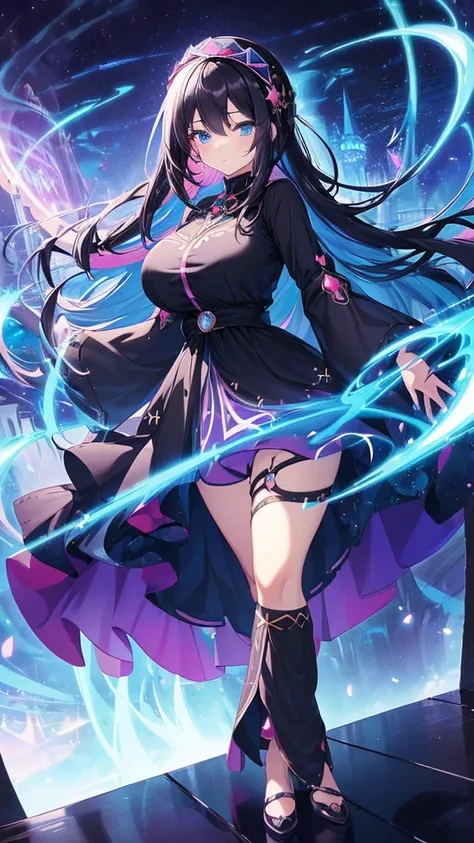 best quality, extremely detailed, anime style adult 1girl, long hair down to the waist, straight hair, ((dark black hair with bluish)), beautiful detailed eyes, pinched eyes, dark blue eyes, huge breasts,curvy, ((((kawaii colorful magical dress)))),((trous...