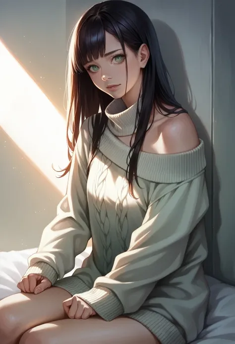 A woman with long black hair, beautiful detailed green eyes, wearing a cozy oversized sweater, no pants, exposing her intimate area, highly detailed, anime style, photorealistic, 8k, masterpiece, intricate details, dramatic lighting, vibrant colors, cinema...