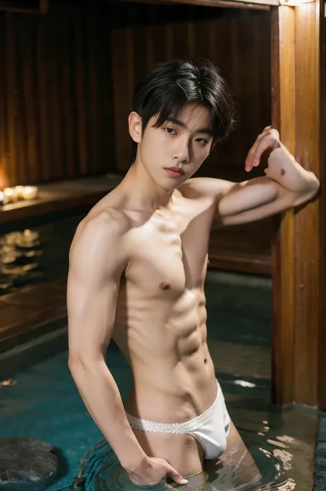 1boy,  asian young man, muscular, twink, normal body, Bang Hair, black thong, in the Onsen hot springs