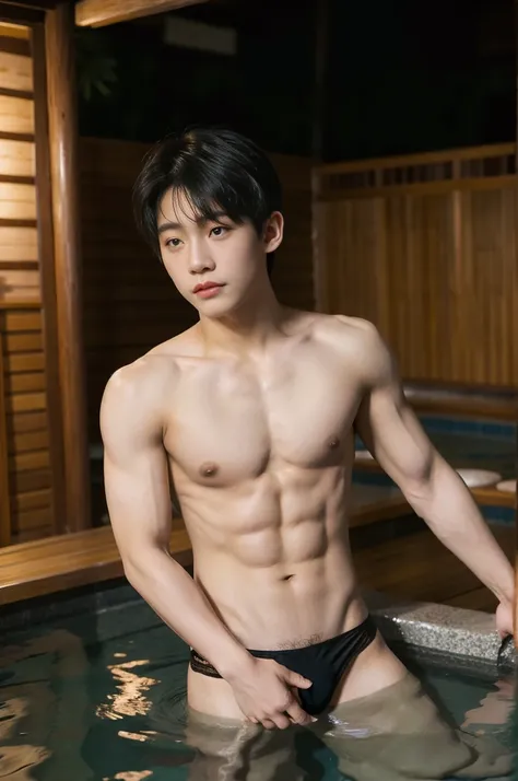 1boy,  asian young man, muscular, twink, normal body, Bang Hair, black thong, in the Onsen hot springs