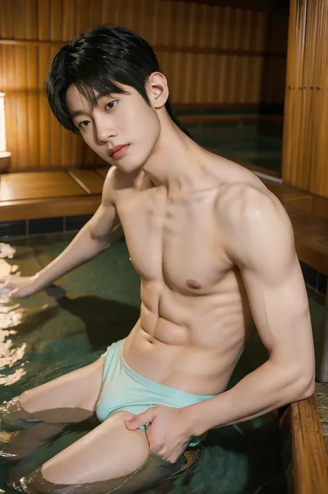 1boy,  asian young man, muscular, twink, normal body, Bang Hair, black thong, in the Onsen hot springs