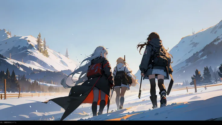 anime characters in a group walking through a snowy field, Girls Frontline cg, from Girls Frontline, Girls Frontline style, Girls Frontline universe, Girls Frontline, fine-details. Girls Frontline, arknights, best 4k konachan anime wallpaper, 坏蛋动漫8 K, dos ...